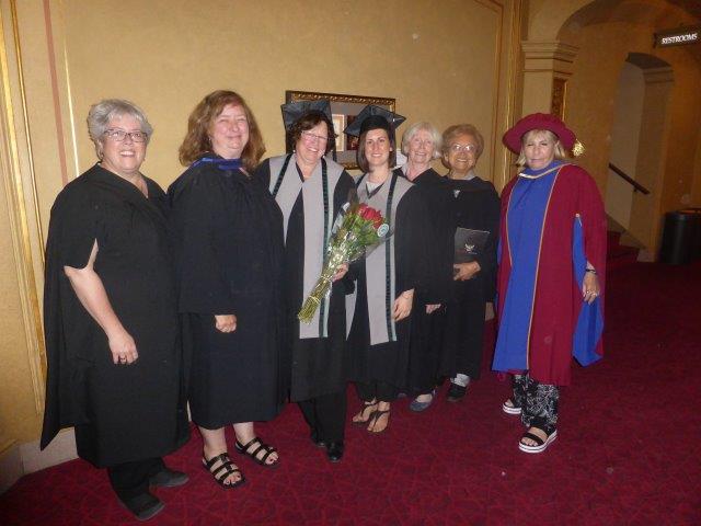 Pictured here are: Instructors: Tama and Cheryl, Graduates: Heather and Alana, Instructors: Frances and Marie, Manager of Health and Human Service: Linda.