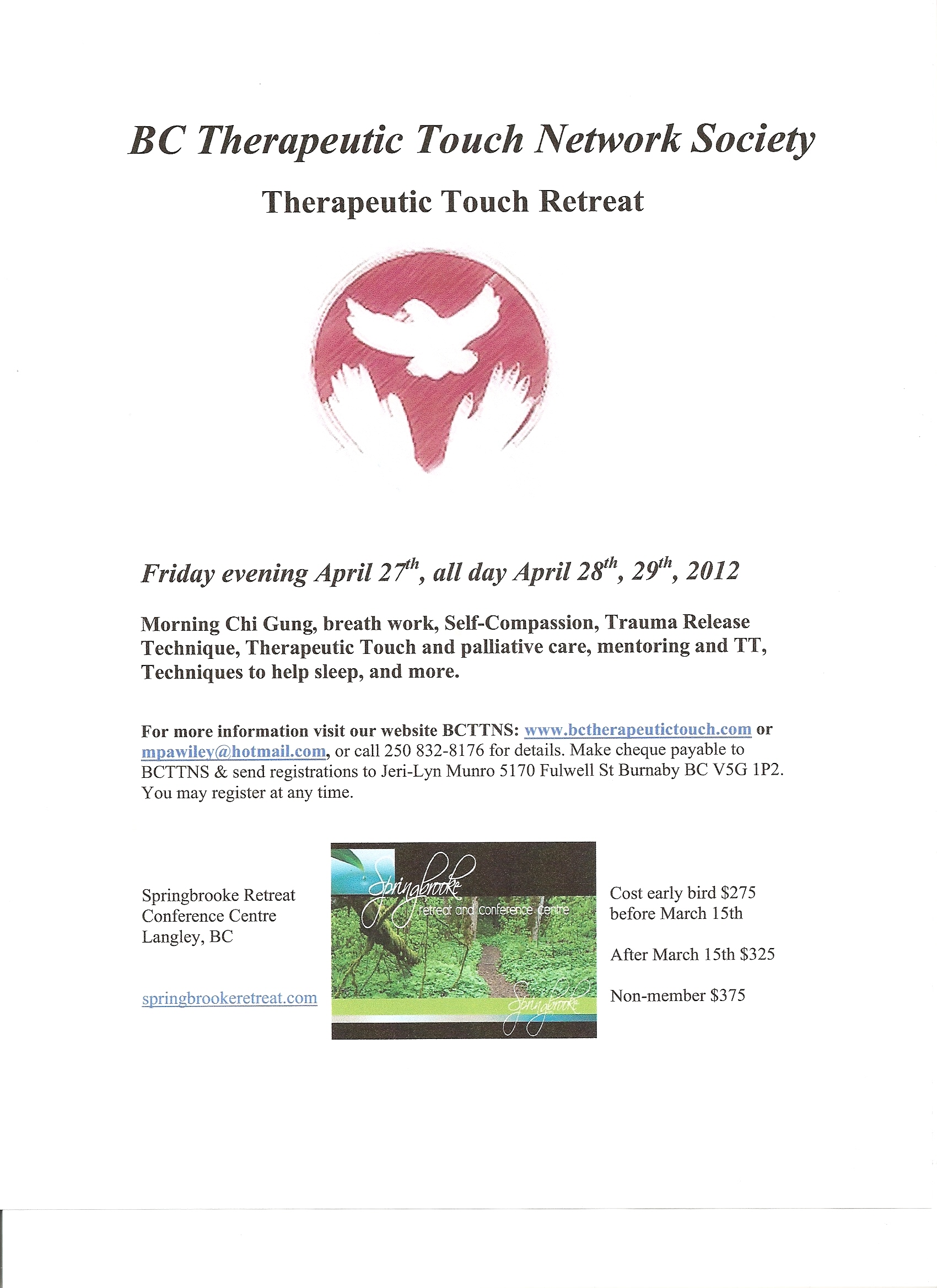 Poster on upcoming BC Therapeutic Touch Network Retreat April 27-29, 2012